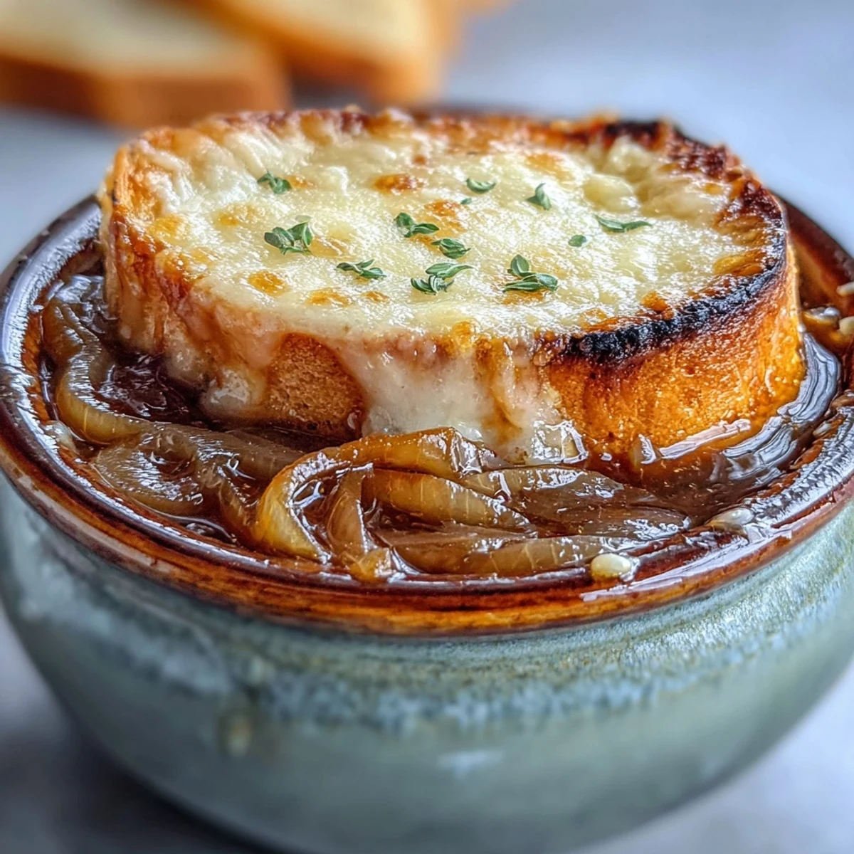 Golden French Onion Soup with bubbly, melted Gruyère cheese bubbling over a crusty bread slice in a rustic ceramic bowl.