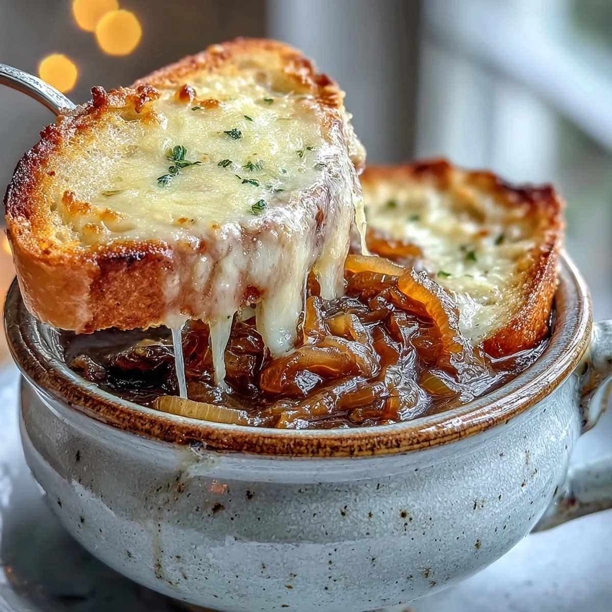 French Onion Soup garnished with fresh thyme, a ladle of broth, and a spoon ready to dip into the cheesy top.