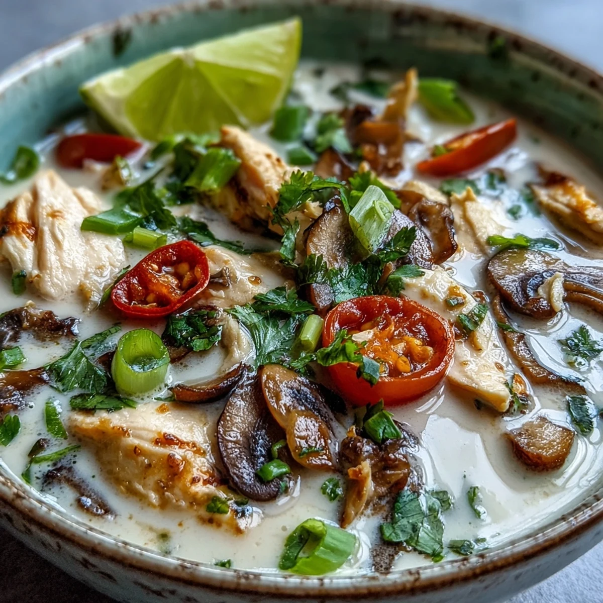 Best Ever Tom Kha Gai Soup simmering with fragrant lemongrass and galangal aromas.