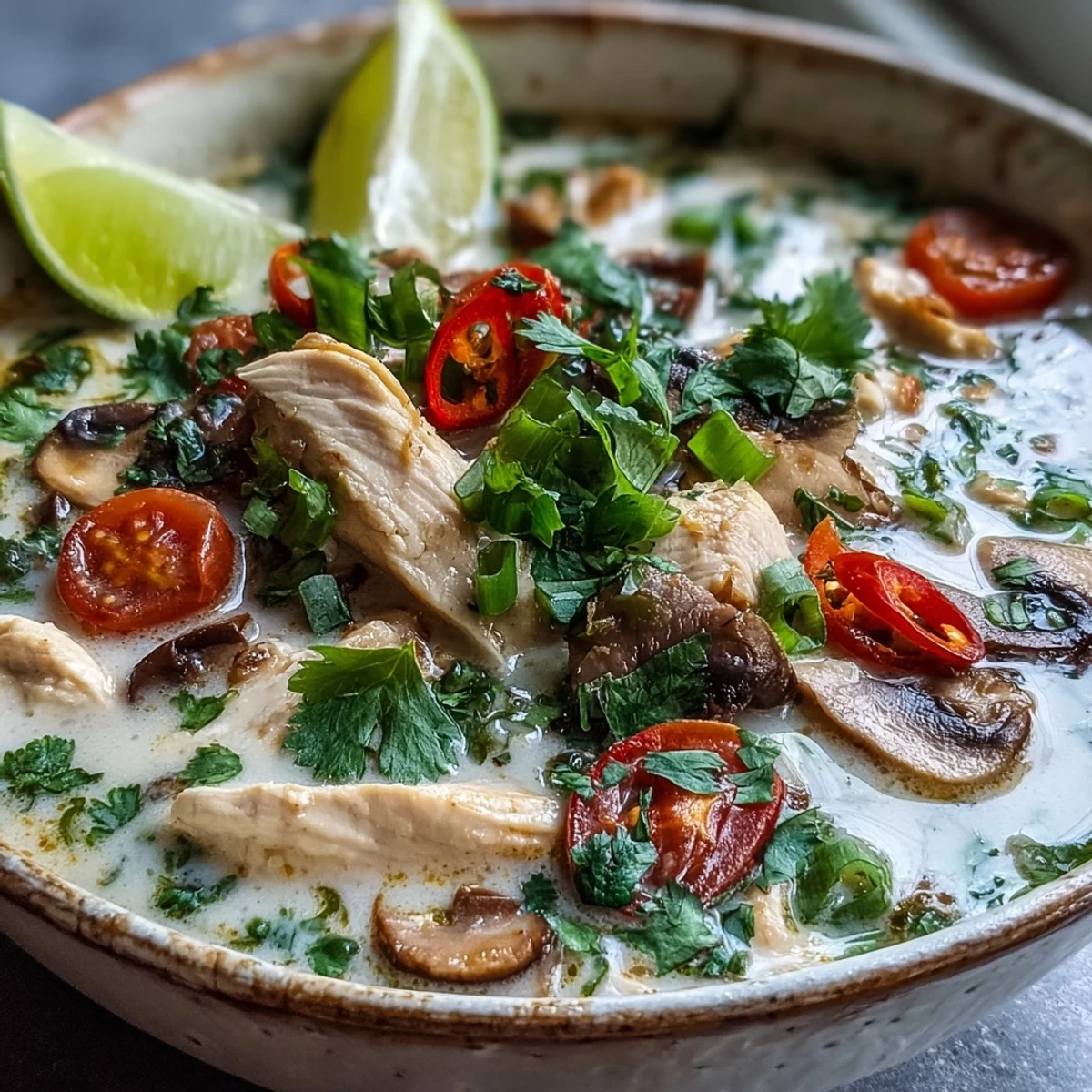 Best Ever Tom Kha Gai Soup garnished with cilantro, lime wedges, and chilies.