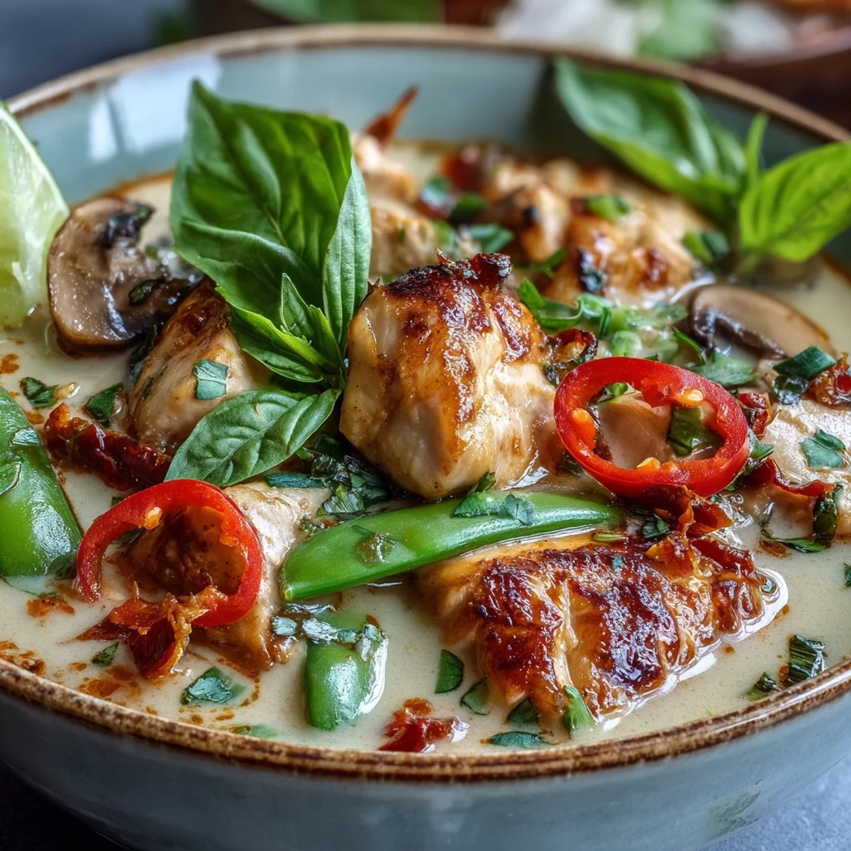 Thai Chicken Coconut Curry Soup with tender chicken, creamy broth, red bell peppers, and snow peas, garnished with fresh cilantro and lime.