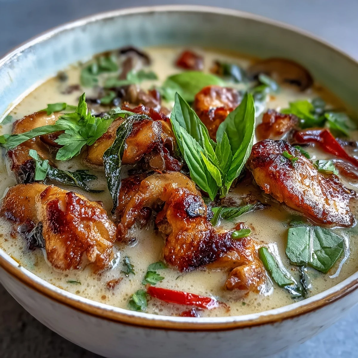 A steaming bowl of Thai Chicken Coconut Curry Soup with vibrant red curry swirls, fresh Thai basil, and sliced chicken, perfect for a cozy meal.