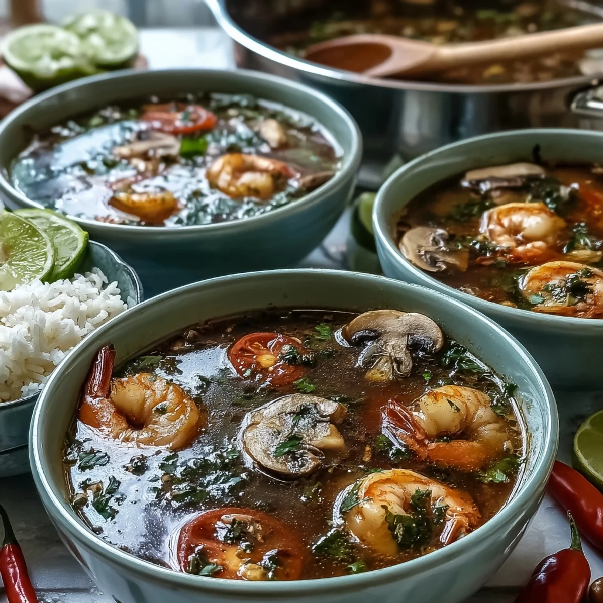 A steaming bowl of Tom Yum Soup with shrimp, mushrooms, and fresh herbs.