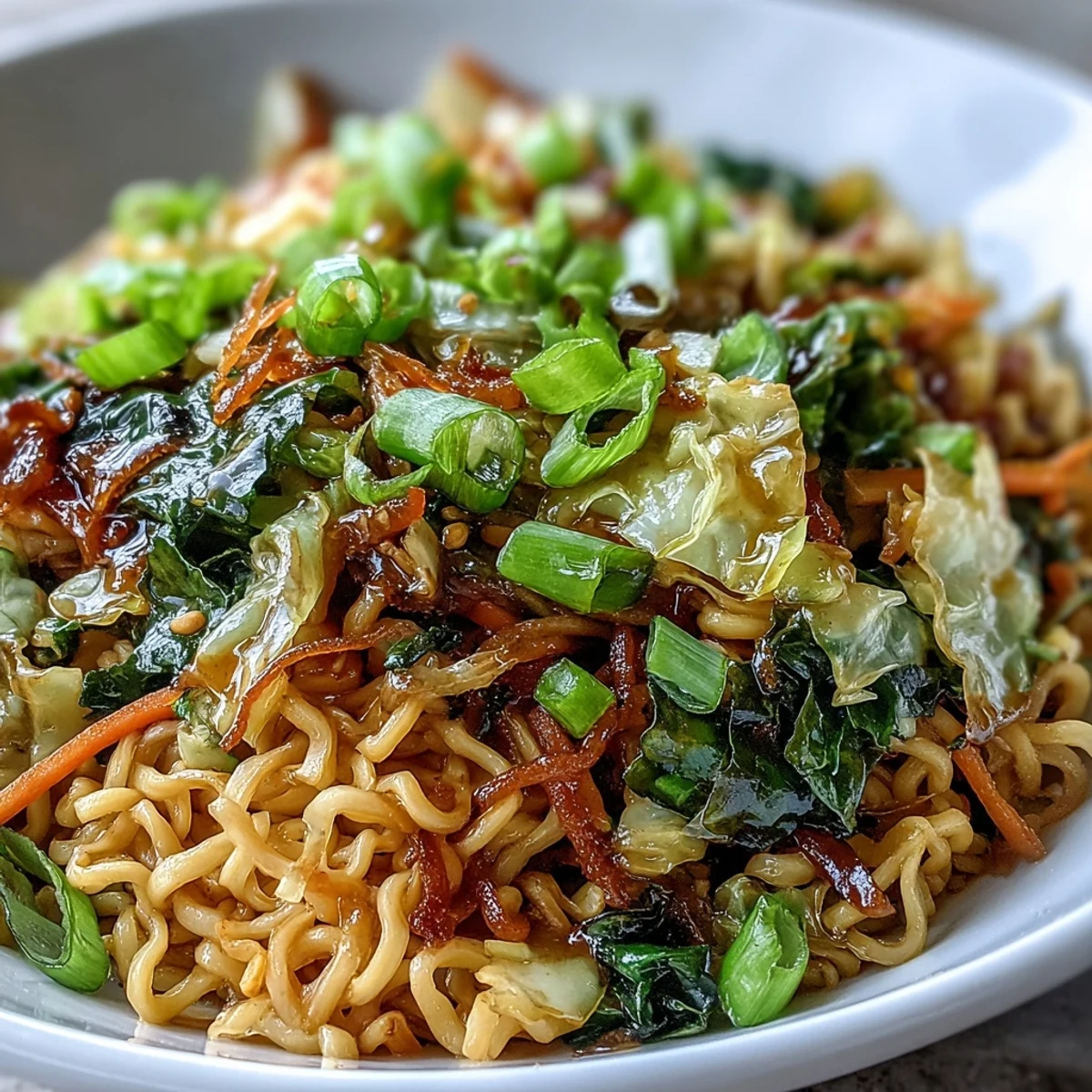 Close-up of Fried Cabbage Ramen in a skillet, featuring golden-brown cabbage and chewy noodles tossed in a savory sauce.