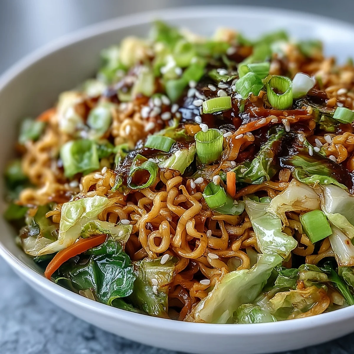 A serving bowl of Fried Cabbage Ramen topped with fresh scallions and sesame seeds, ready to eat.