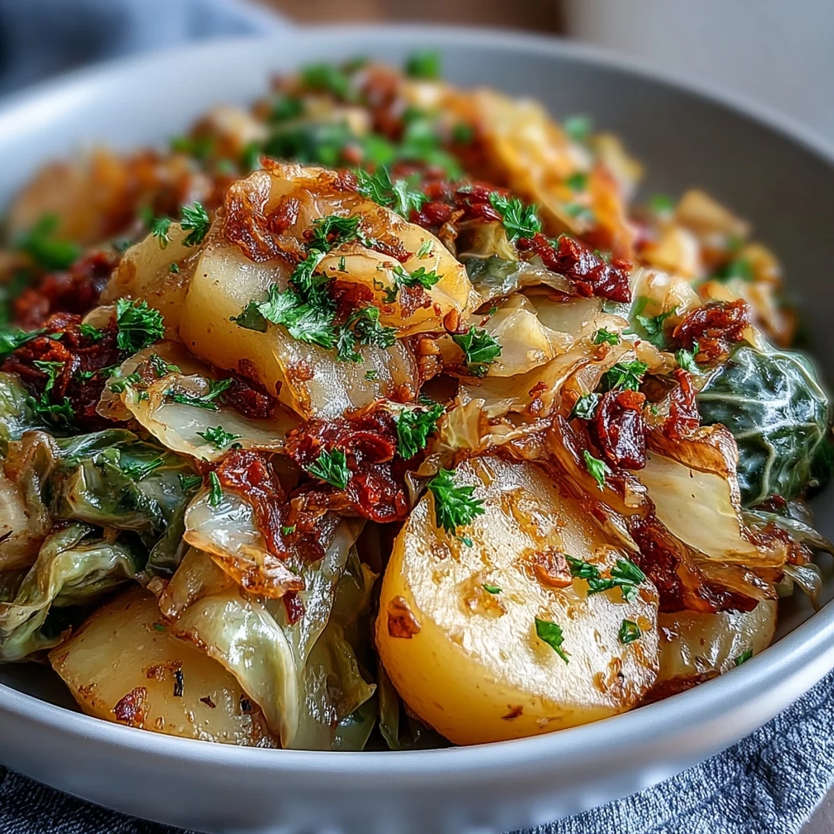 Fork-tender Braised Cabbage With Potatoes and Chili simmered in a rustic Dutch oven, garnished with fresh parsley and bright lemon wedges for serving.