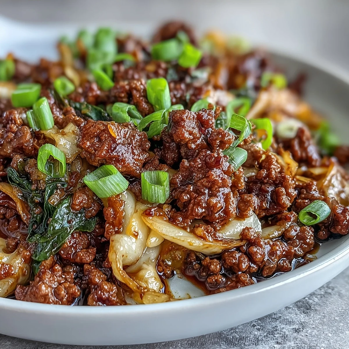 Tender ground beef and shredded green cabbage piled high in a serving bowl, garnished with fresh green onions.
