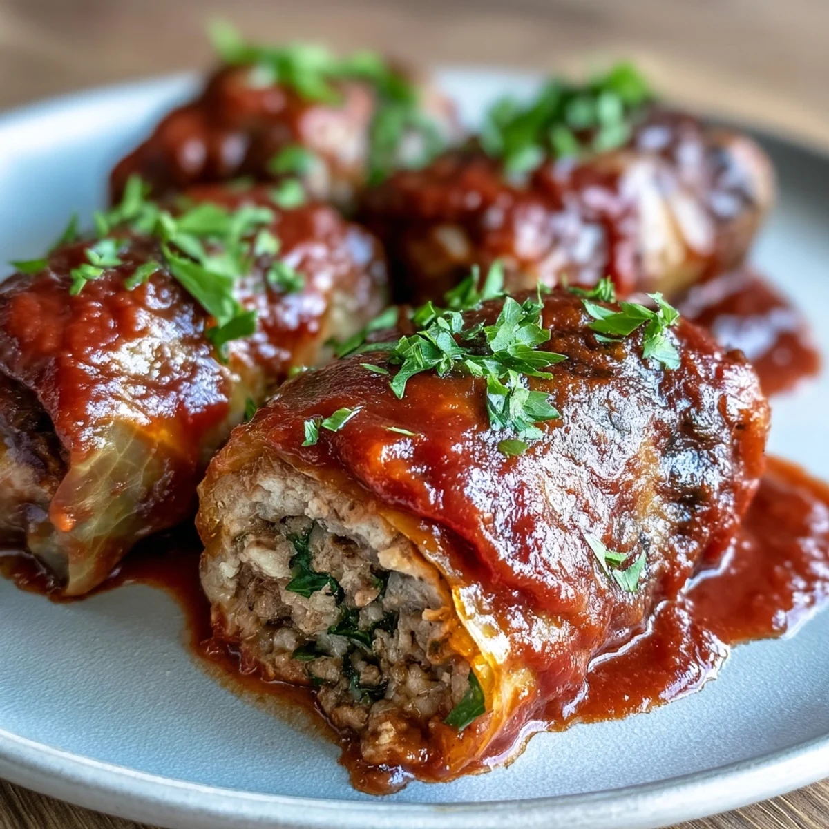Tender cabbage rolls stuffed with savory meat and rice, baked in a rich tomato sauce in a white baking dish.