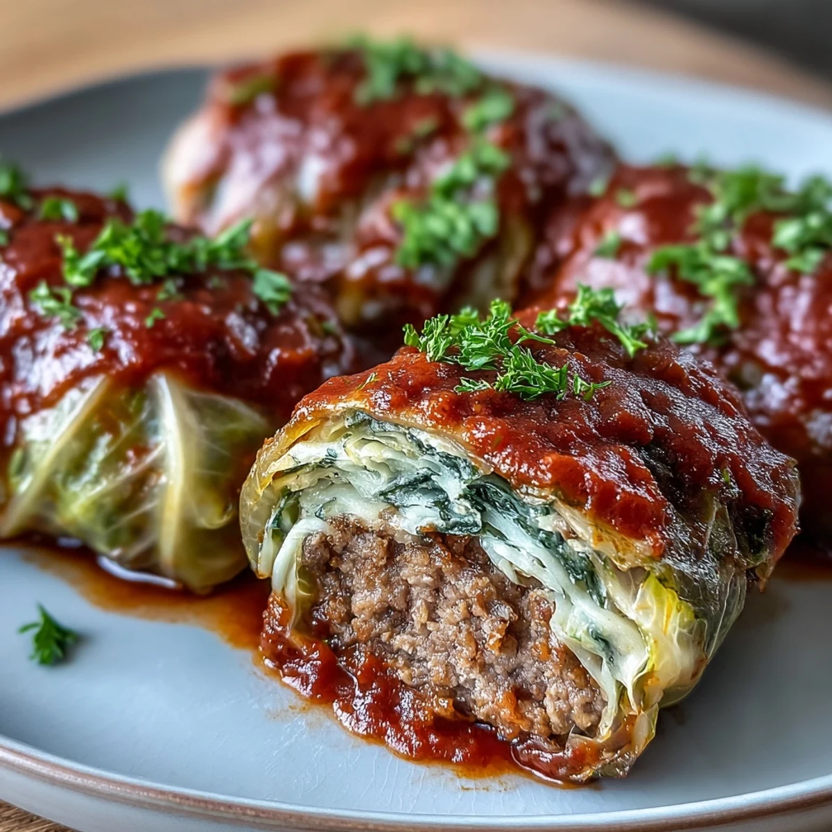 Golden baked cabbage rolls in tomato sauce, garnished with fresh parsley, served hot from the oven.