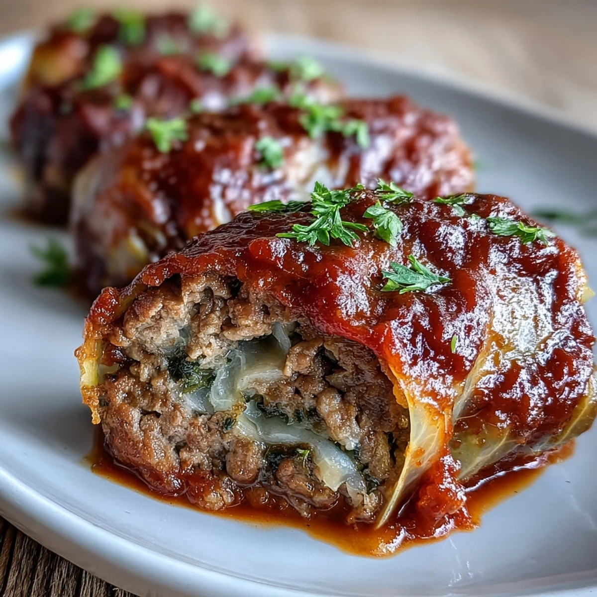 Hearty cabbage rolls topped with thick, savory tomato sauce, bubbling and ready to serve for dinner.