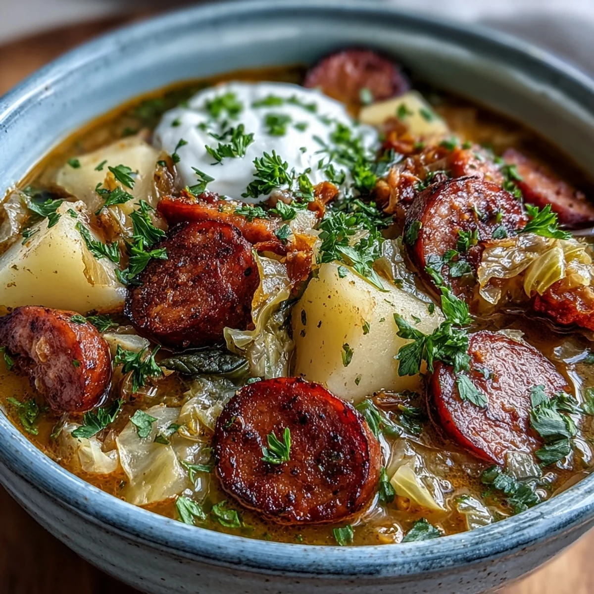 A rustic bowl of Sausage, Potato and Cabbage Soup garnished with fresh parsley and a dollop of sour cream, steaming warmly.