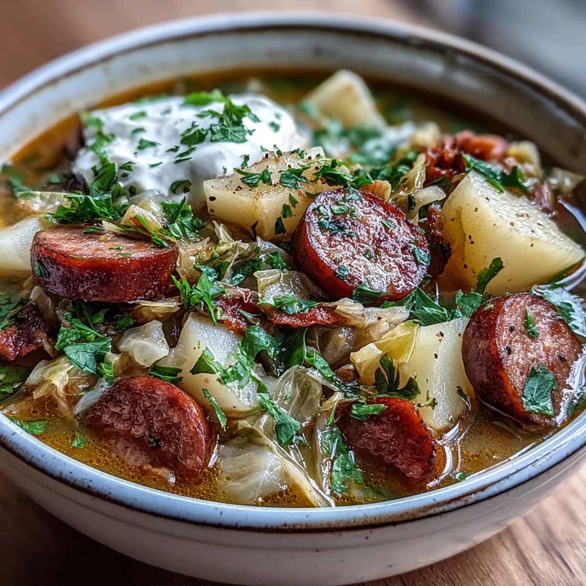 Hearty ladle of Sausage, Potato and Cabbage Soup with colorful vegetables and sausage pieces, ready to serve with crusty bread.