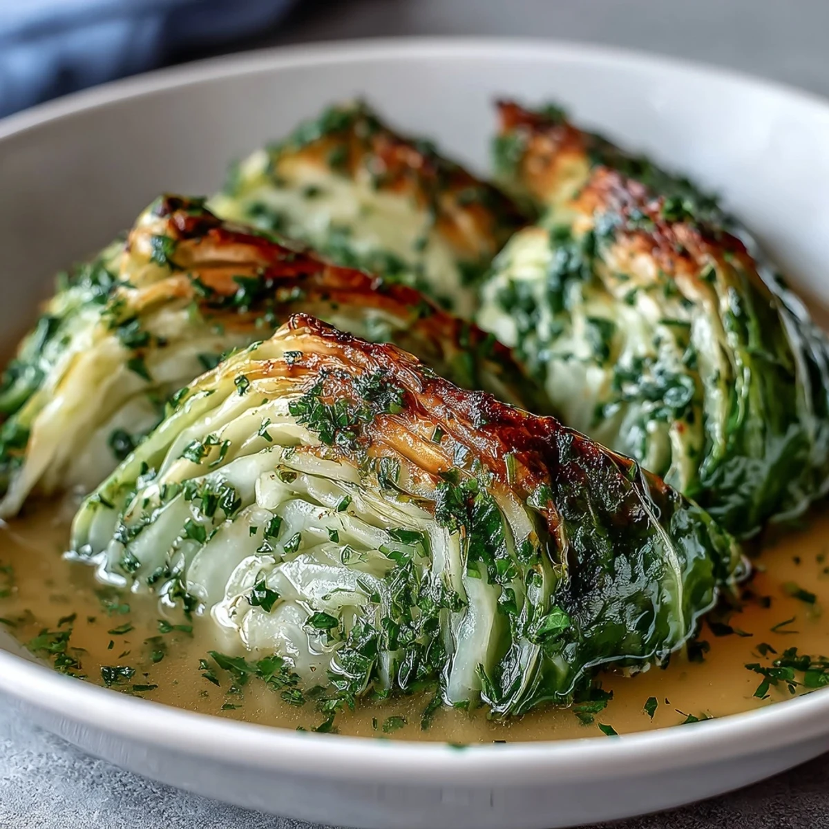 Tender cabbage wedges simmer in a creamy Parmesan broth, garnished with fresh herbs and extra cheese.