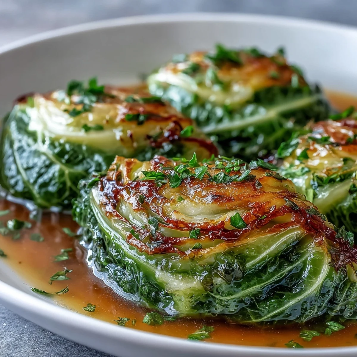 A close-up of Herby Cabbage in Parmesan Broth with ladled broth, thyme, and chives in a rustic bowl.