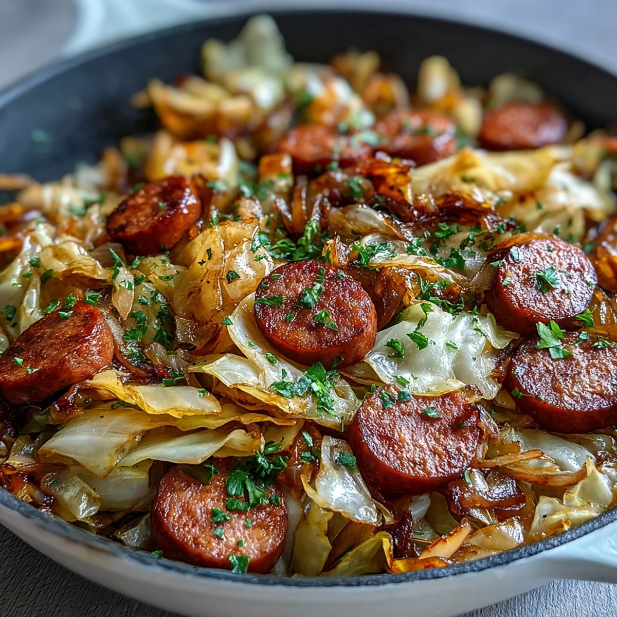 Smothered Cabbage With Sausage Skillet featuring tender cabbage and smoky sausage, ready to serve.