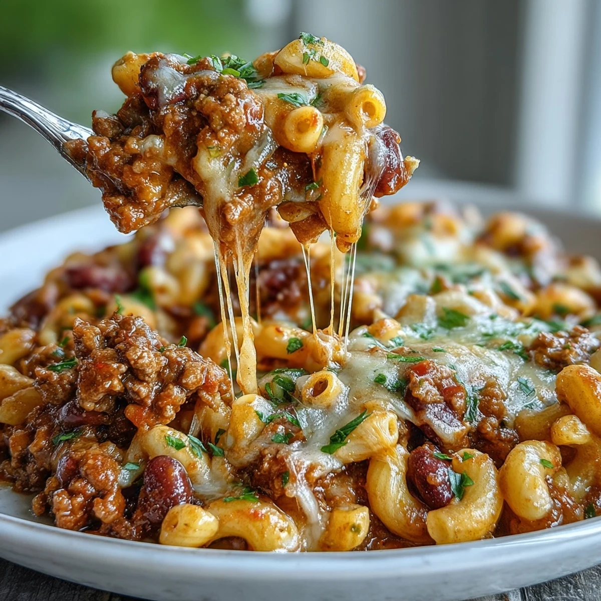 Steaming bowl of One-Pan High Protein Chili Mac topped with green onions and sour cream.