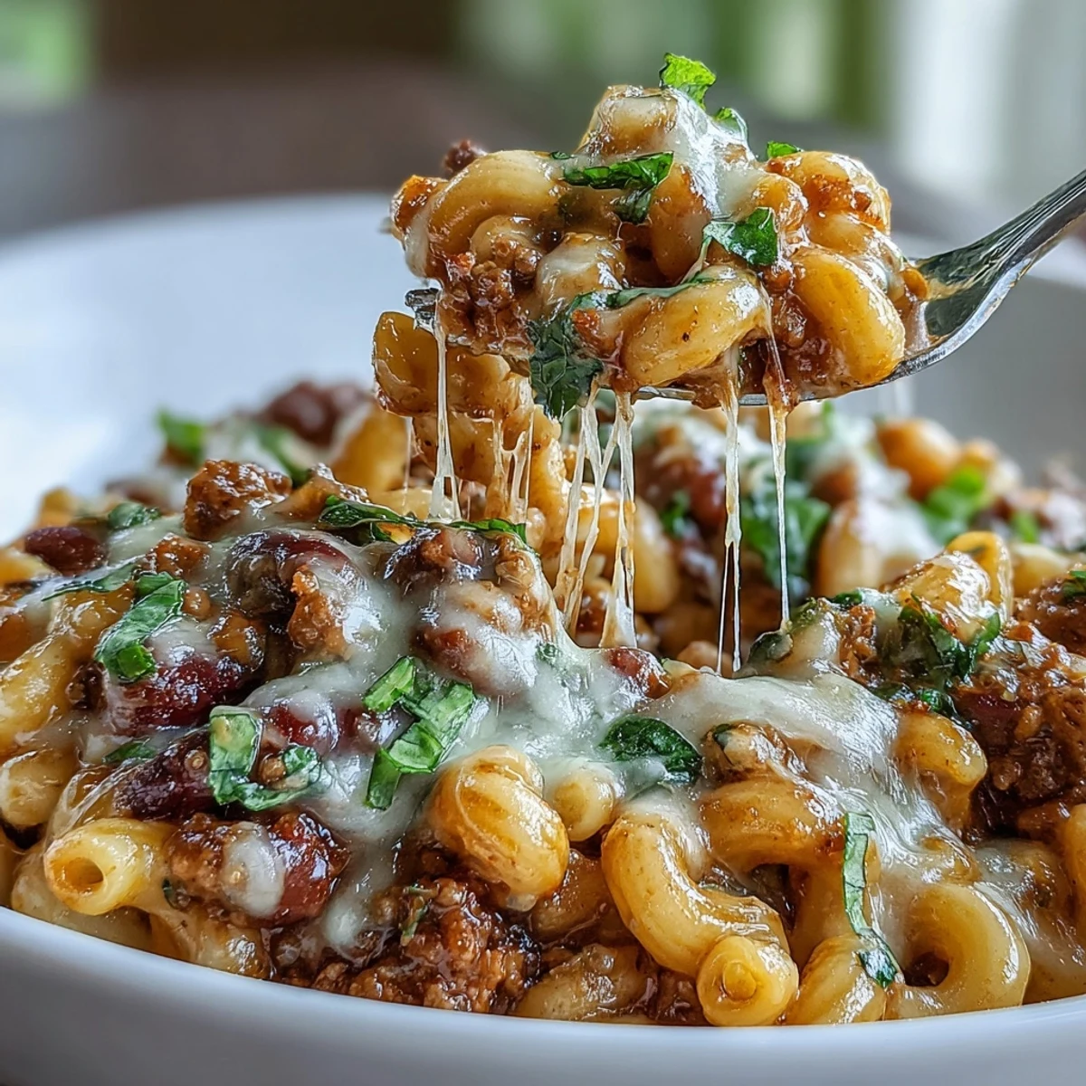 One-Pan High Protein Chili Mac served in a skillet with melted cheddar and crushed tortilla chips.