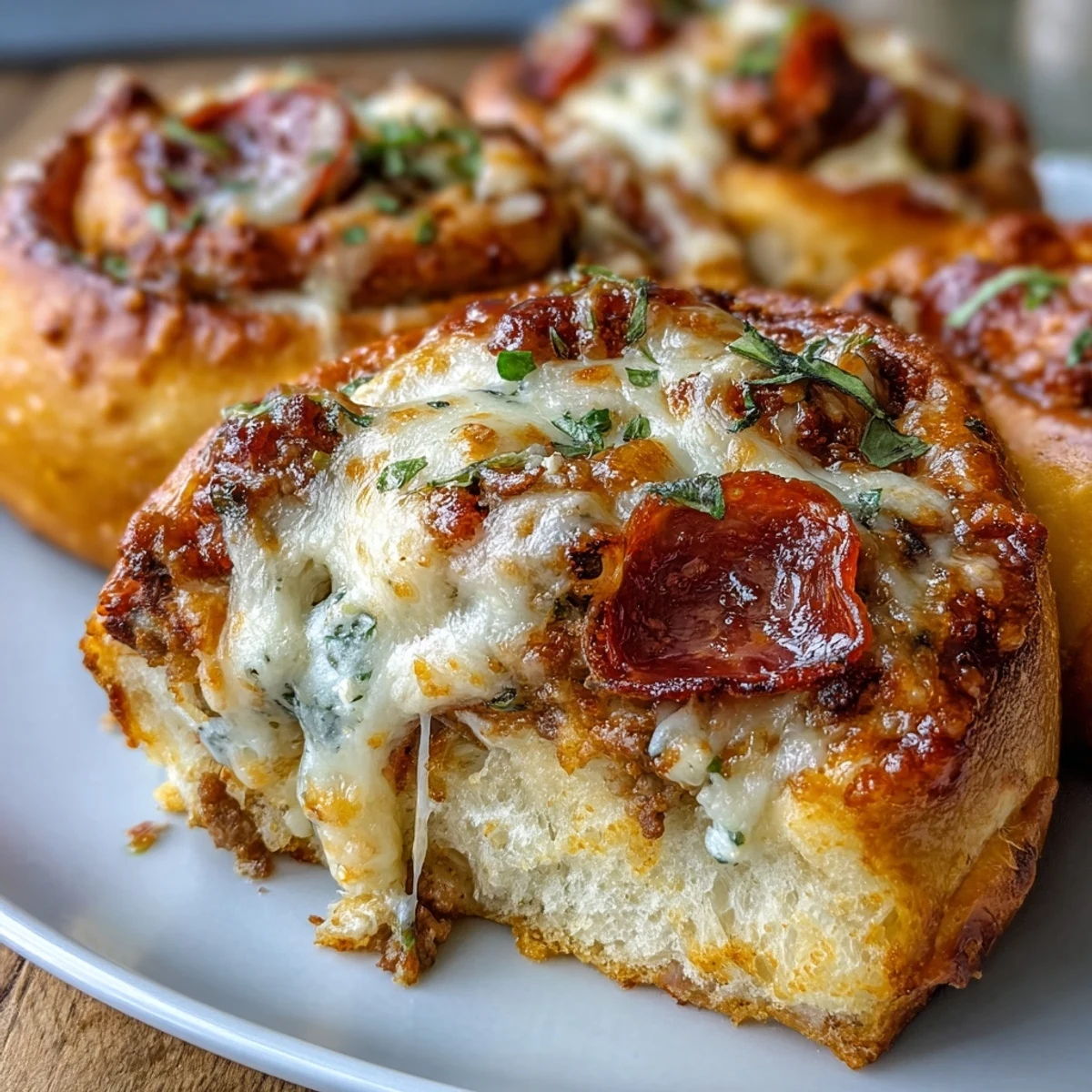 Golden-baked Irresistible High Protein Pepperoni Pizza Rolls pull apart on a baking sheet, revealing melty mozzarella, pepperoni, and savory beef inside.