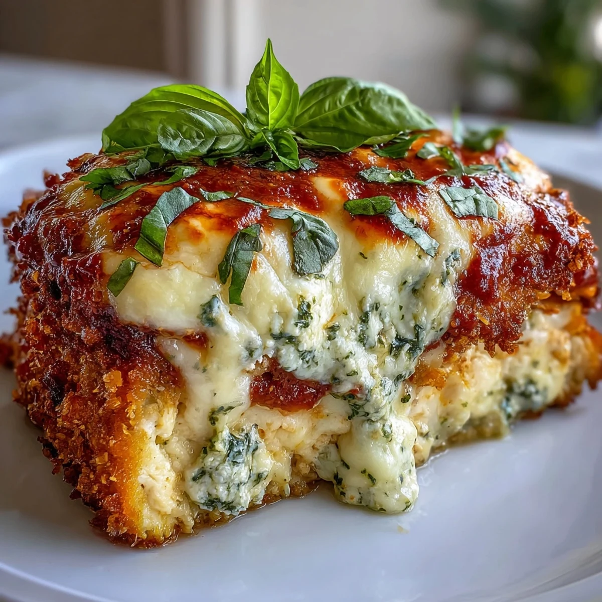 Golden-brown breaded chicken breasts topped with vibrant green pesto, rich marinara, and bubbly melted mozzarella cheese.
