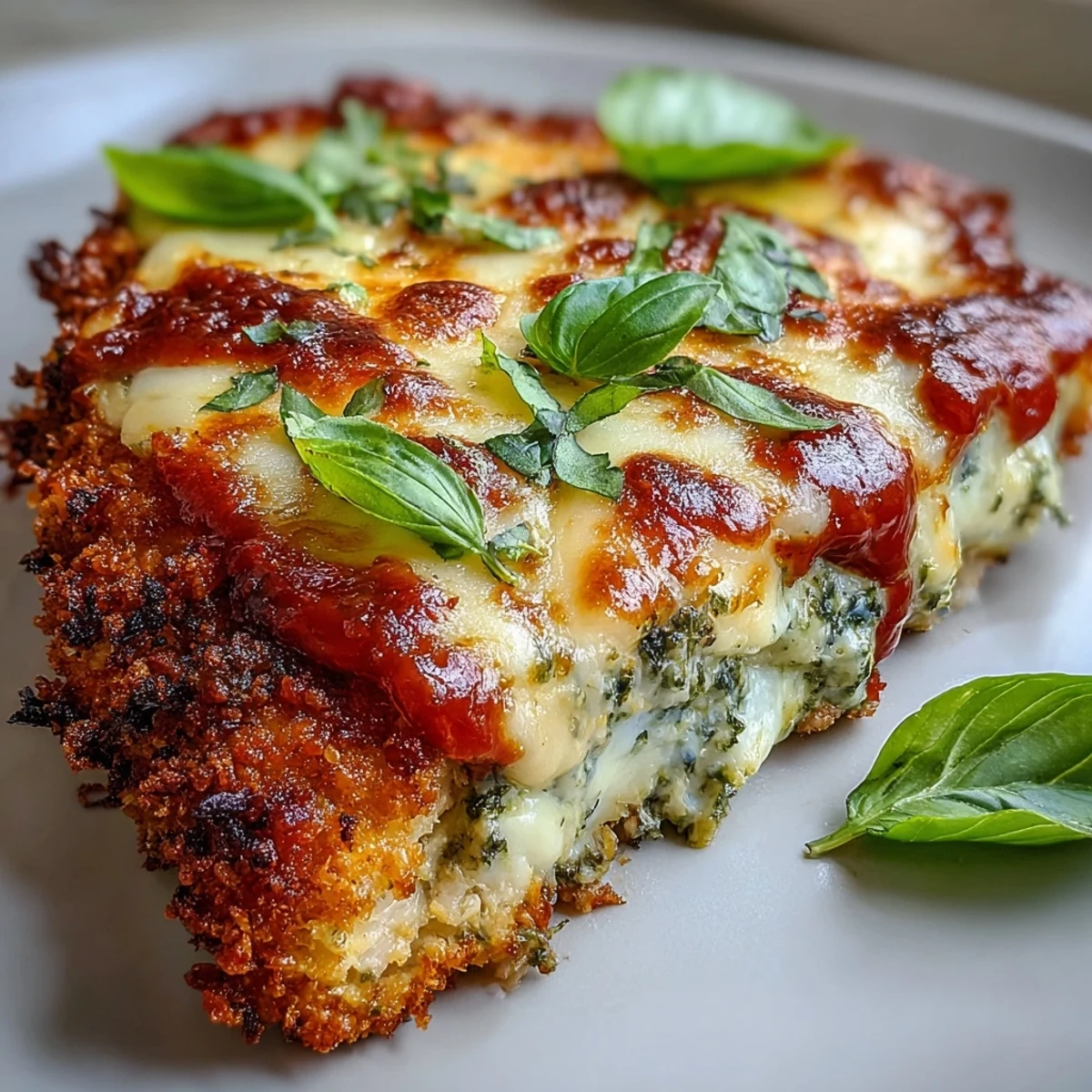 Pesto Chicken Parmesan baked to perfection and garnished with fresh basil, served alongside spaghetti and a fresh garden salad.