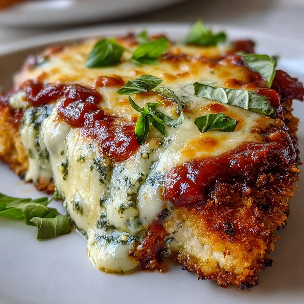 Sizzling Pesto Chicken Parmesan emerging from the oven, featuring golden crusts, gooey cheese pull, and a colorful marinara and pesto topping.