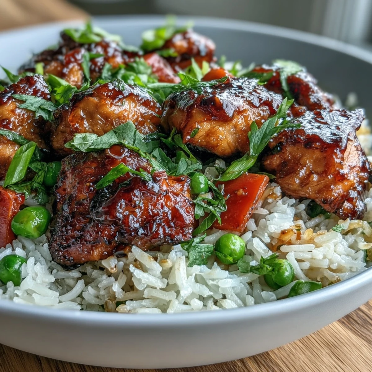 Steamy, honey-glazed chicken and fluffy rice with colorful bell peppers, all cooked together in one skillet.