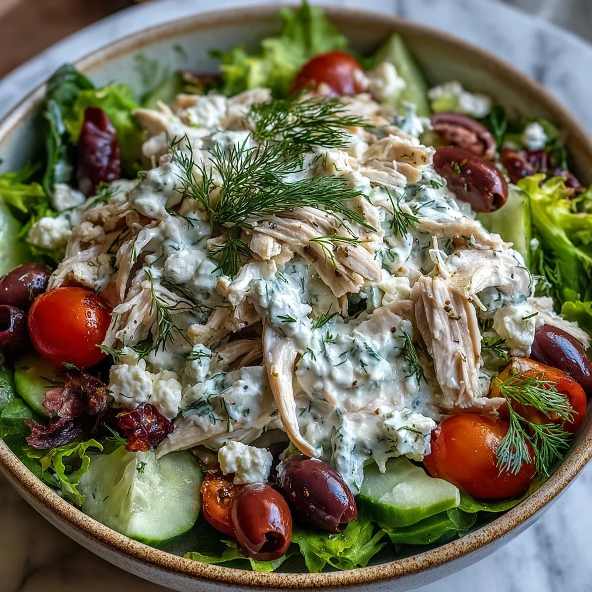 Serve this chilled Tzatziki Chicken Salad over spinach or inside lettuce wraps for a low-carb meal.
