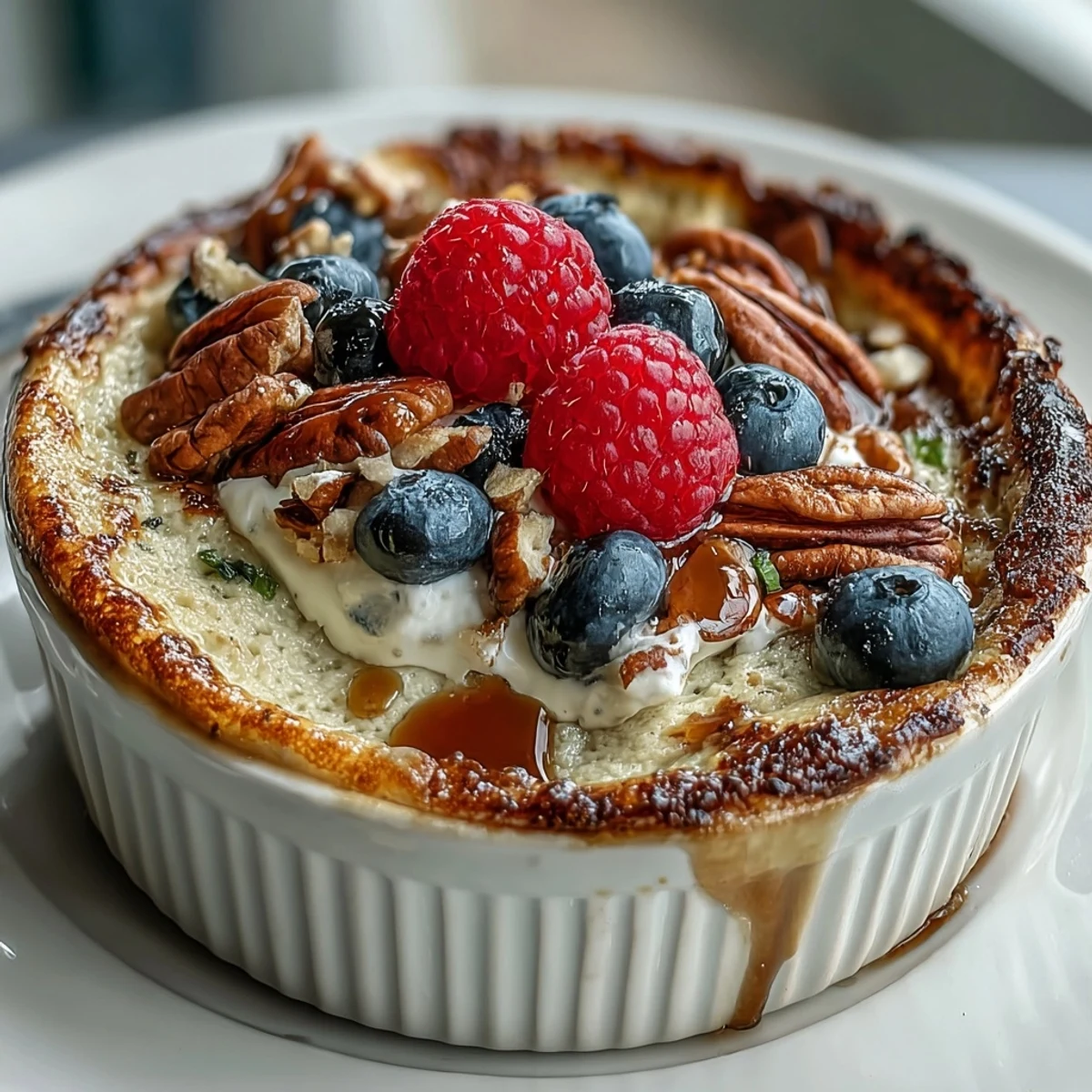 Golden-brown Baked Protein Pancake Bowl fresh from the oven, topped with fresh berries and a drizzle of maple syrup.