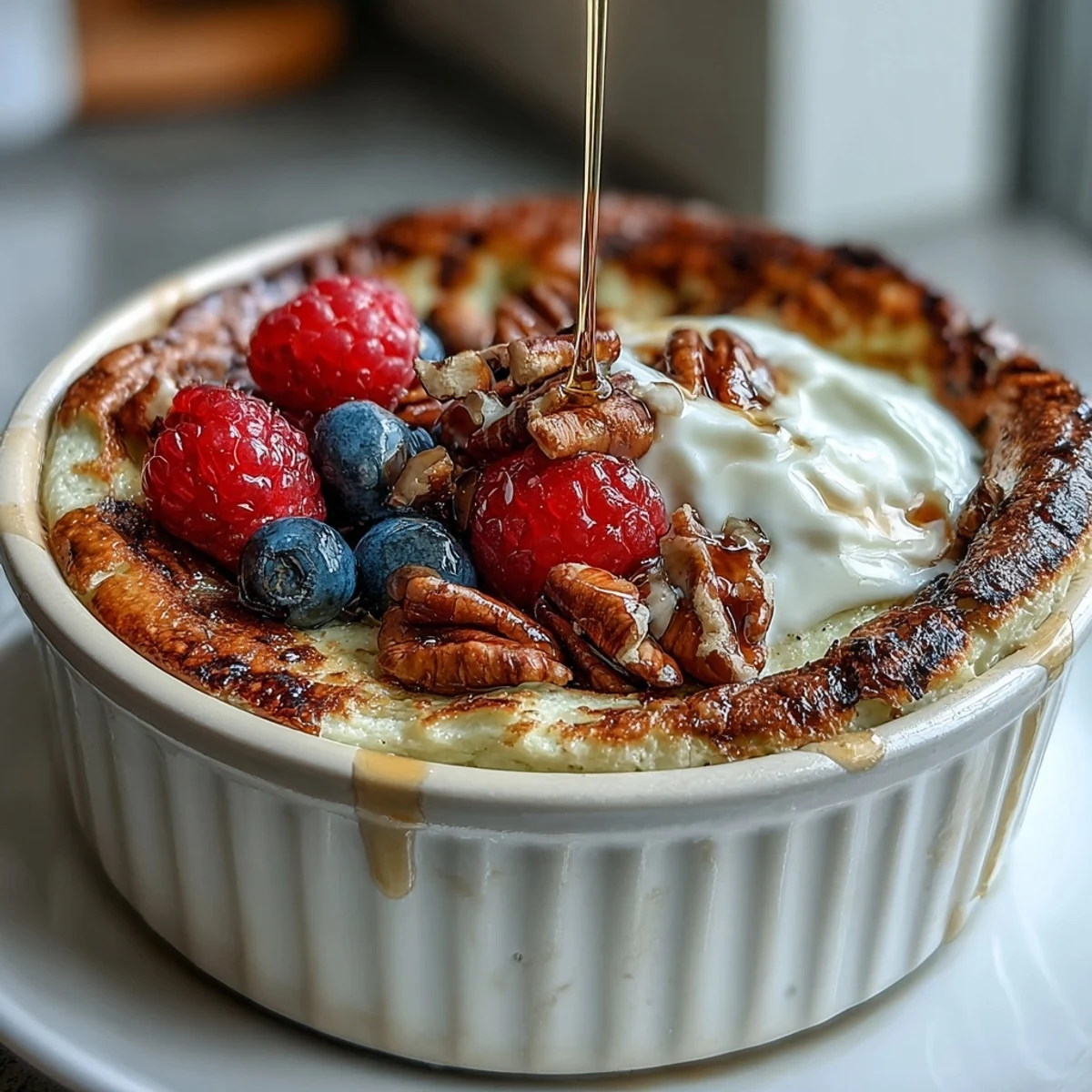 A single-serve Baked Protein Pancake Bowl with chocolate chips and peanut butter, perfect for a quick, nutritious breakfast.