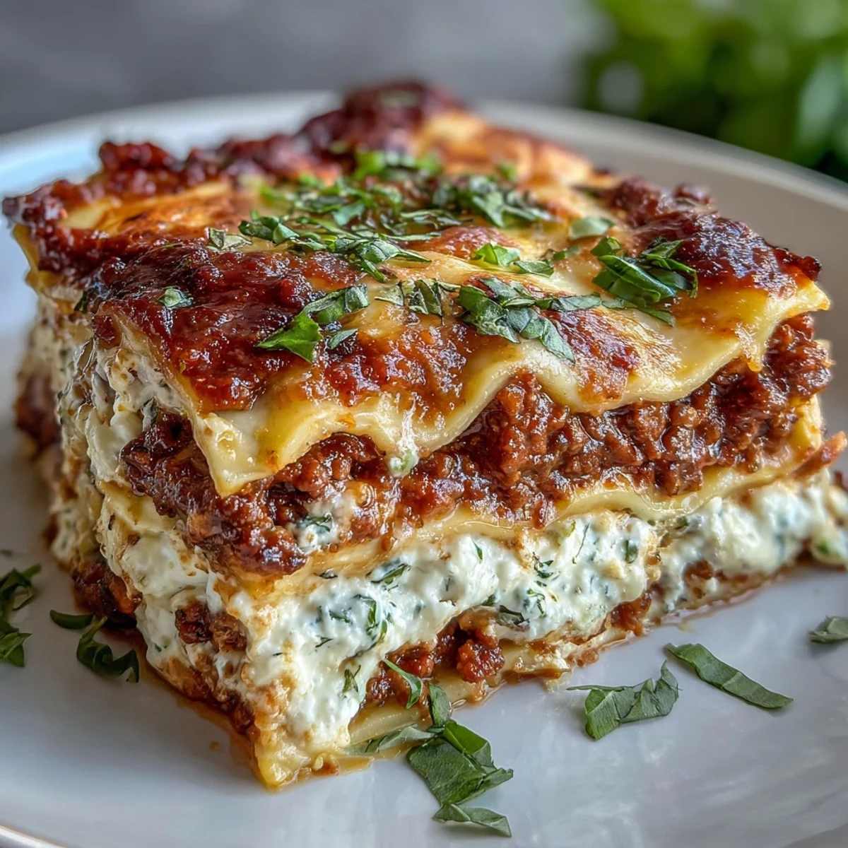 Golden, bubbling cheese tops the Worlds Best Lasagna, revealing layers of meat sauce and creamy ricotta.