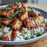 Golden BBQ sauce coats tender chicken thighs atop fluffy rice with sweet peas and carrots.