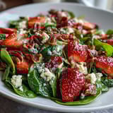 Fresh strawberry spinach salad topped with crumbled goat cheese and crunchy candied pecans, drizzled with tangy balsamic dressing.  
