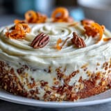 Tender Easter Carrot Cake, frosted generously and adorned with sweet candied carrot garnishes.