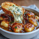 Comforting Gnocchi French Onion Soup, showcasing tender gnocchi swimming in rich, savory broth.