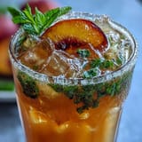 This Iced Peach Green Tea Lemonade looks perfectly blended, ready to sip.