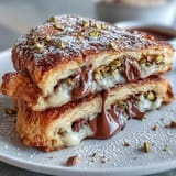Decadent Dubai Chocolate Pistachio Croissant French Toast, perfect for a sweet brunch treat.