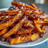 Crispy air fryer sweet potato fries served with a spicy, smoky chipotle aioli for dipping.