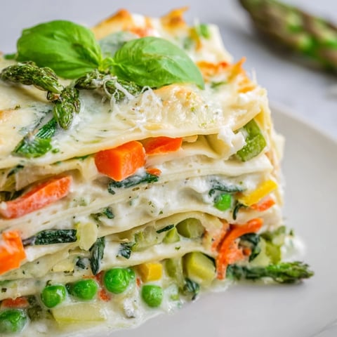 Golden-brown Spring Veggie Alfredo Lasagna with layers of creamy sauce, asparagus, and melted mozzarella.