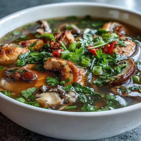 A bowl of steaming Tom Yum Chicken soup featuring tender sliced chicken, mushrooms, and fresh Thai herbs in a clear broth.