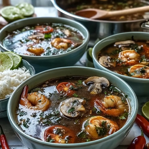 A steaming bowl of Tom Yum Soup with shrimp, mushrooms, and fresh herbs.