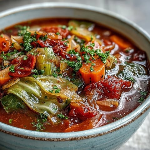 Steaming bowl of Classic Cabbage Soup featuring tender green cabbage, carrots, and celery in a rich tomato broth.