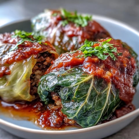 Golden brown Baked Vegan Cabbage Rolls fresh from the oven, served in a white dish with rich red tomato sauce bubbling over the edges.