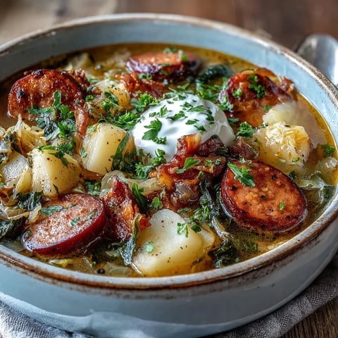 Smoked sausage slices simmer alongside tender cabbage and creamy diced potatoes in this hearty Sausage, Potato and Cabbage Soup.
