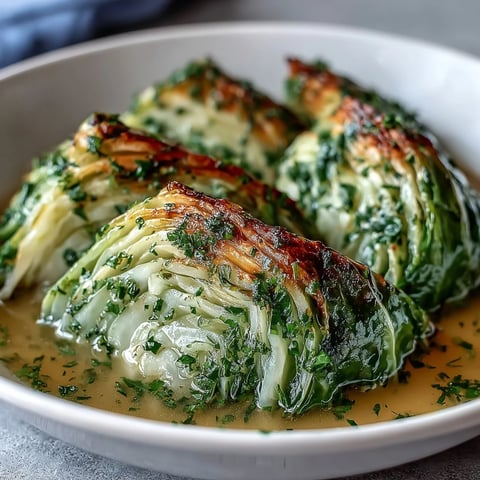 Tender cabbage wedges simmer in a creamy Parmesan broth, garnished with fresh herbs and extra cheese.