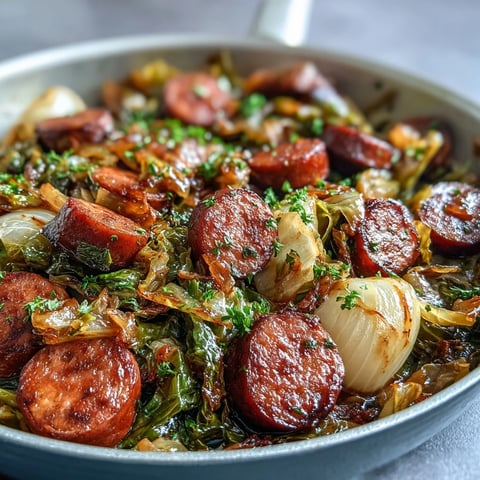 Smothered Cabbage With Sausage Skillet served hot from the pan with steam rising and golden edges.