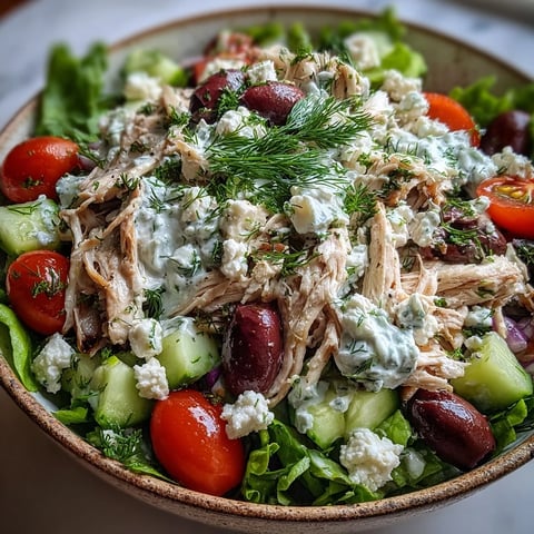 Freshly made Tzatziki Chicken Salad features creamy yogurt, dill, and tender shredded chicken in a chilled bowl.