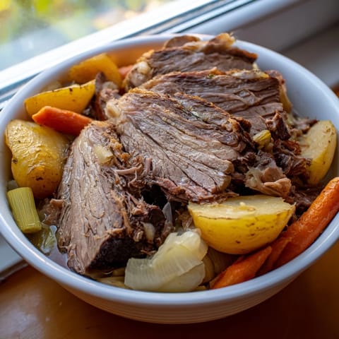 Close-up of a steaming Slow-Roasted Beef Pot Roast, overflowing with carrots and potatoes.