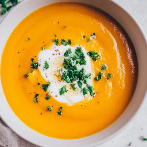 Creamy, golden Sweet Maple Carrot Soup, ready to warm you with its comforting flavors.