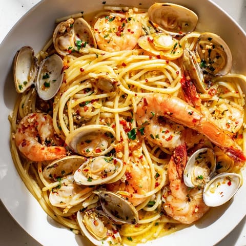 A close-up of finished Seafood Pasta Aglio e Olio with glistening pasta and fresh parsley garnish.