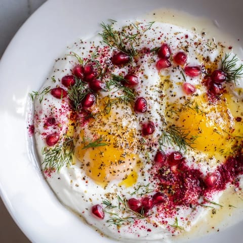A close-up of delicious Çılbır revealing soft poached eggs and a flavorful sumac yogurt base.